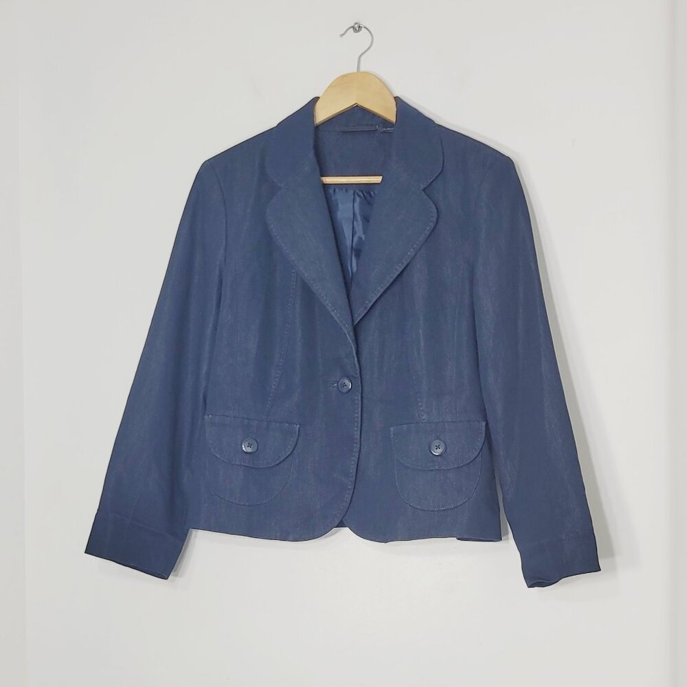 Essentials Vintage Navy Blue Cotton Blend Long Sleeve One Button Blazer Causal L